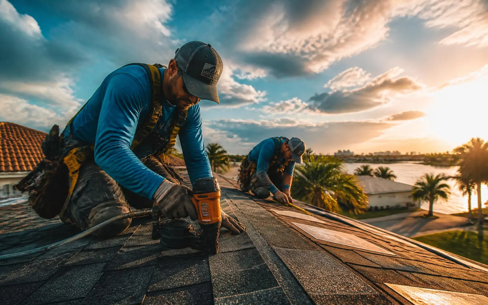 Roofing consultant documenting storm damage at golden hour